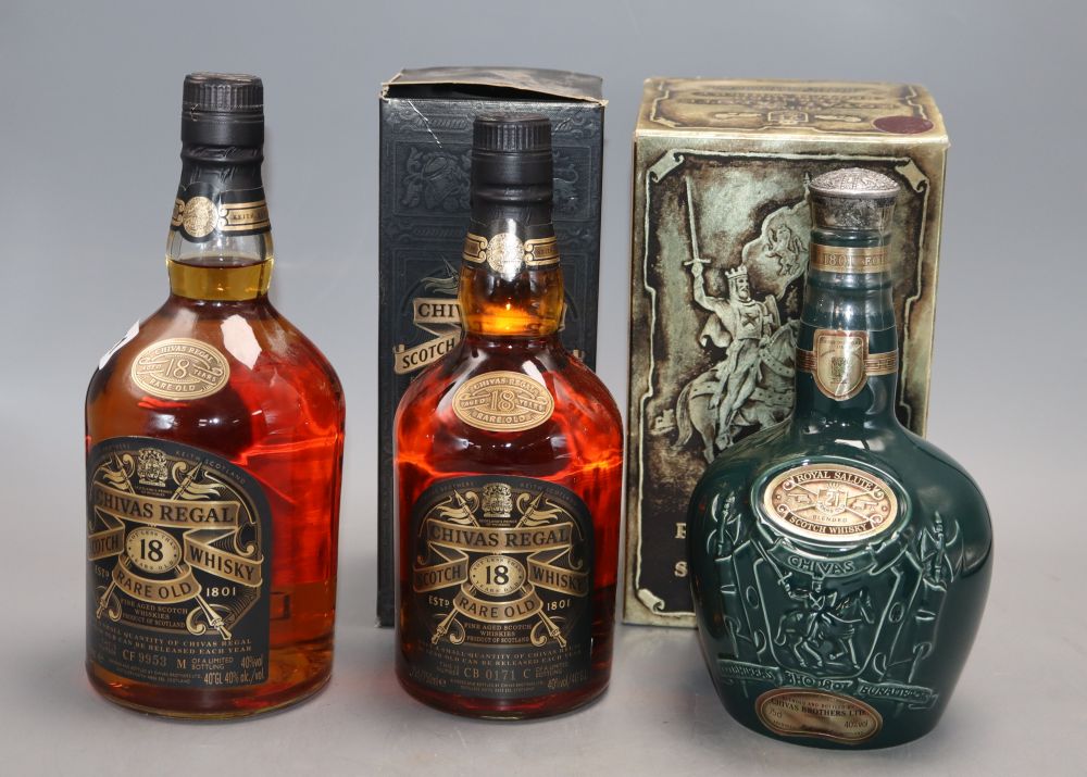 Two bottle of Chivas Regal Scotch whisky, one 1 litre, the other 75cl and a Royal Salute Scotch whisky